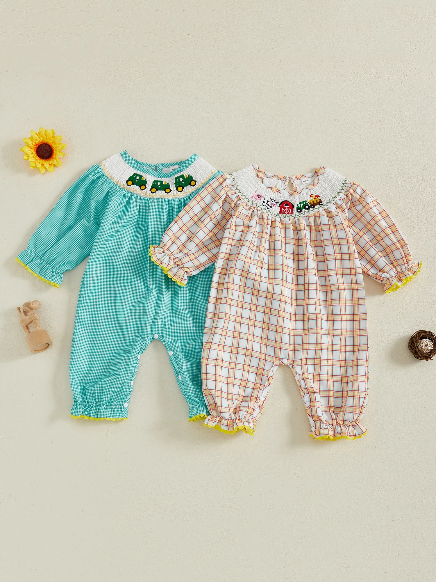 

Милый комбинезон с цветочным принтом для маленьких девочек, весенний комбинезон для младенцев, комбинезон с круглым вырезом и длинными рукавами и оборками