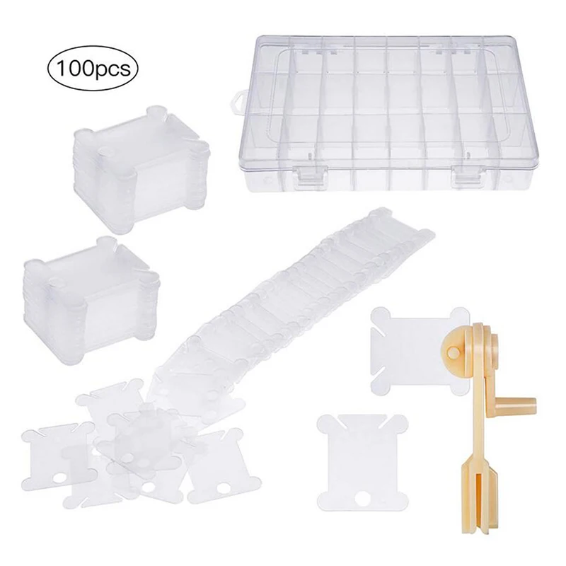 100 Pieces Plastic Thread Floss Bobbins with Floss Winder and Embroidery Organizer Box Cross Stitch Craft DIY Sewing Storage Set