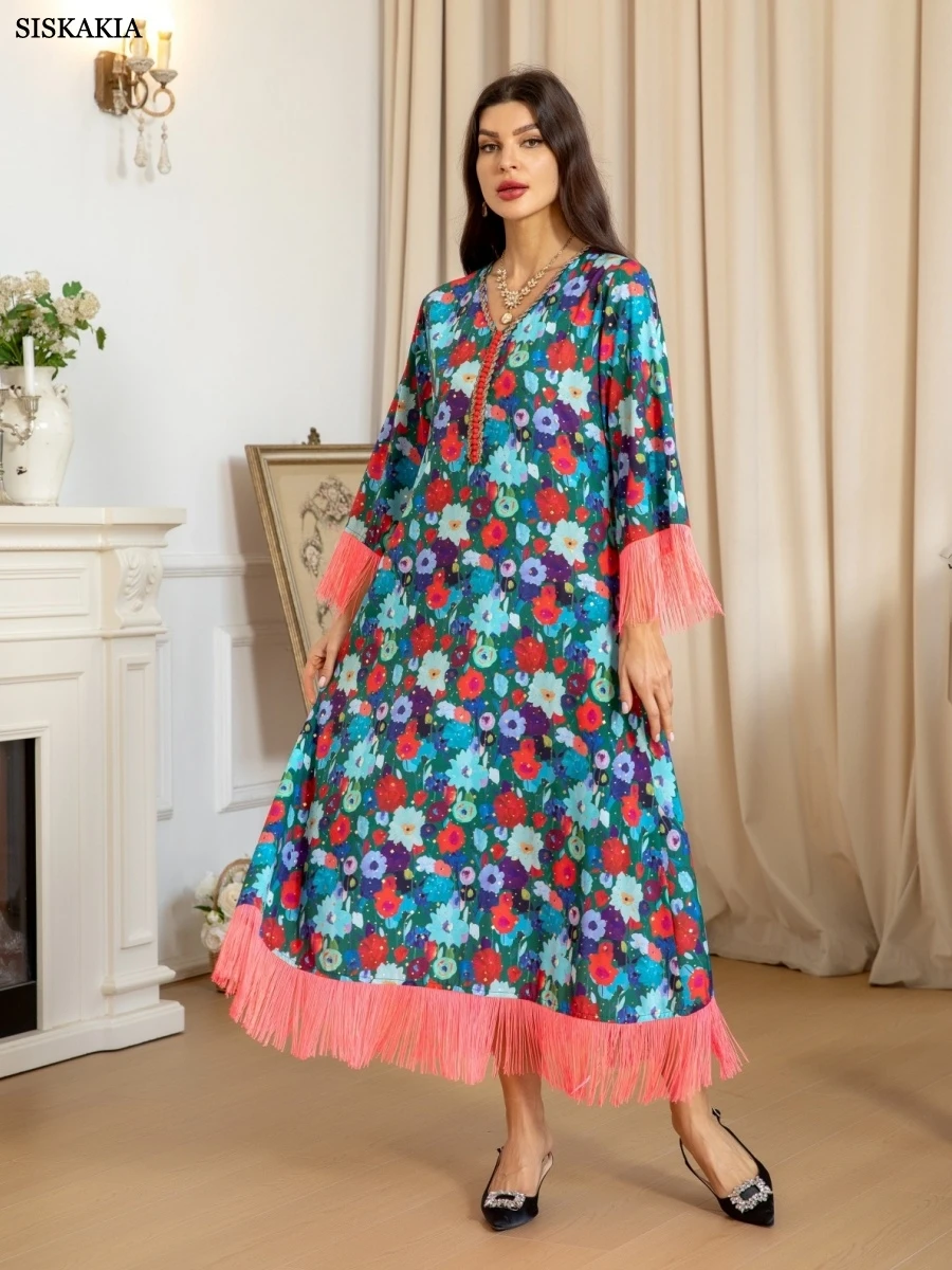 Sisakia dubaï imprimé fleuri élégant Abaya nouvelle robe à franges musulmane élégante caftan pour femmes