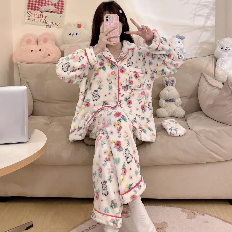 

Cute Rabbit Floral Coral Plush Pajamas Pjs Set Youthful Woman Clothes Long Sleeve Set Korean Style Cartoon Home Fur Sleepwear