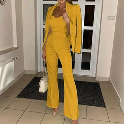 Long Sleeve Blazer Wide Leg Flare Belt Jumpsuit Suit Office Lady Two Piece Set INS Outfits Elegant Women Set