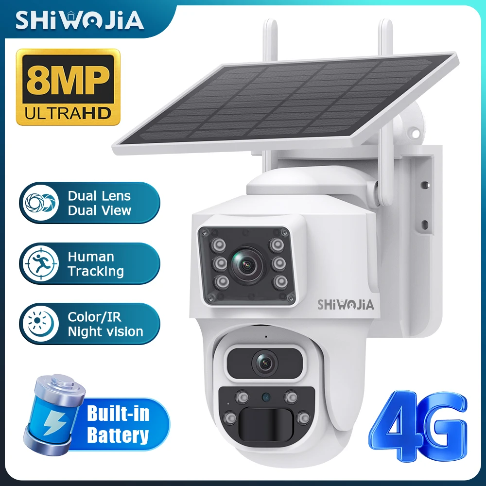 

SHIWOJIA 4K 8MP Solar Camera 4G SIM Outdoor 360° Dual Lens WIFI Solar Powered Security Camera PIR Night Vision Two- Way Video