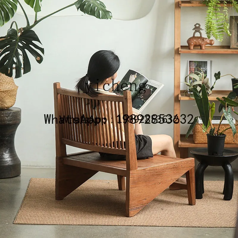 

CB1 Evening Breeze Old Elm Wabi-Sabi Style Leisure Chair Solid Wood Vintage Single Balcony Backrest Chair