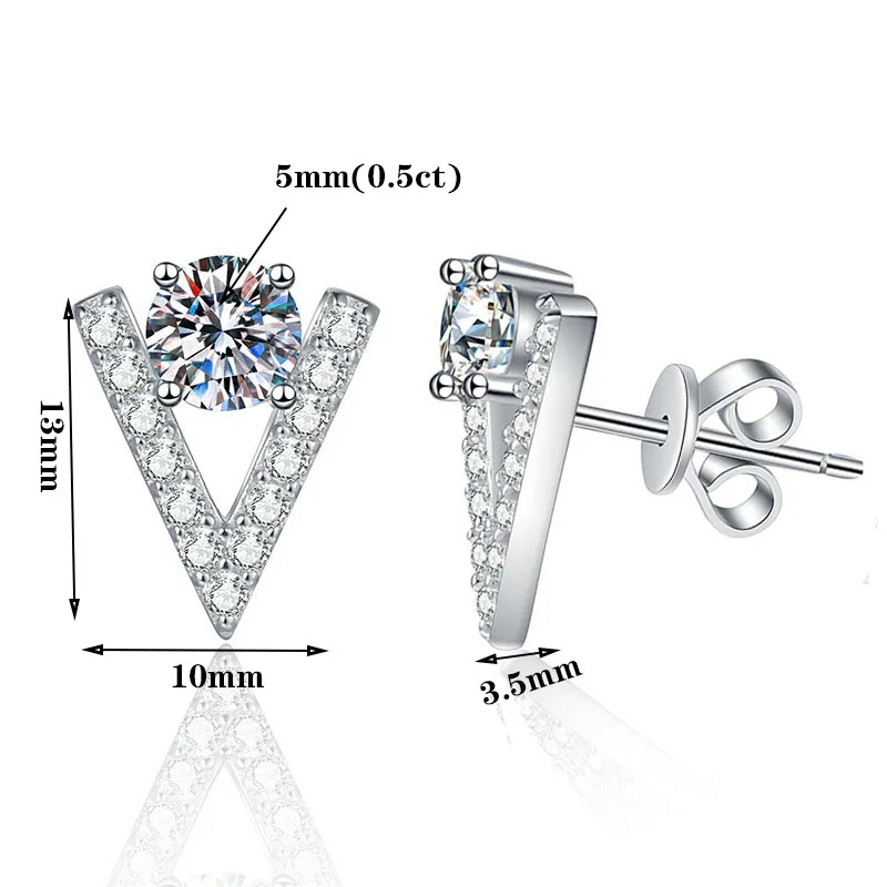 JECIRCON European and American S925 Sterling Silver Stud Earrings for Women Geometric Korean Style Moissanite V-shaped Jewelry