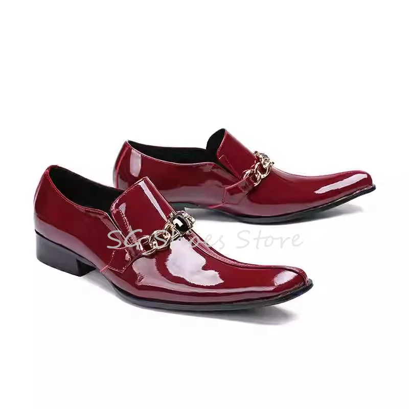 

Classic Male Patent Leather Shallow Loafers Pointed Toe Chunky Heel Slip-On Derby Shoes Male Wedding Party Dress Shoes Oxofrds