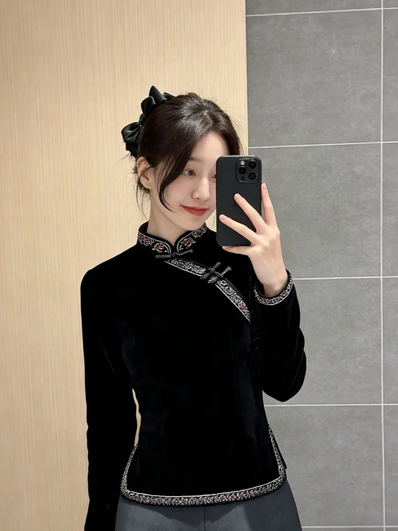 

Sli Bla ort Winter irt Chinese National Sle New Middle Class Ele Luxury Top for Small Figures Women