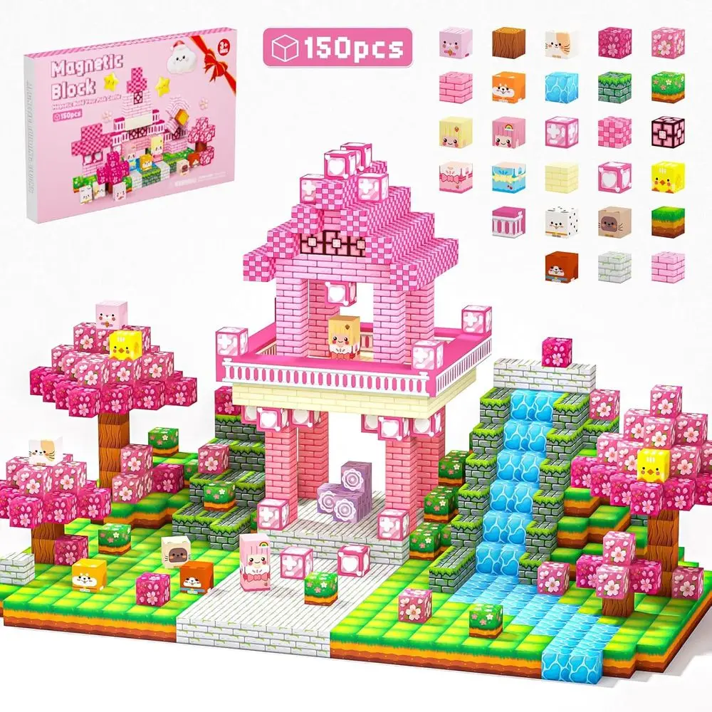 ألعاب تعلم الجذعية: مجموعة مكعبات مغناطيسية مكونة من 150 قطعة من Pink Castle Eonal للأطفال من عمر 4 إلى 12 عامًا