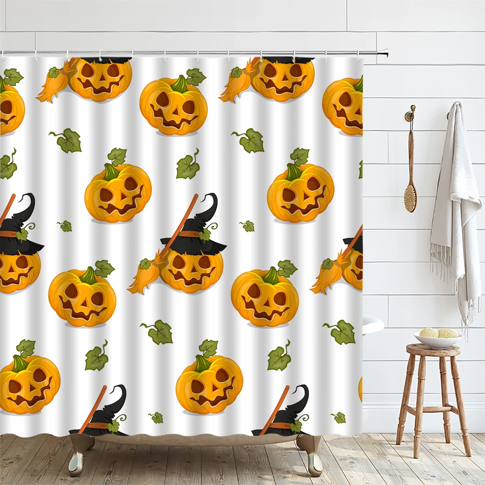 Halloween Pumpkin Lanterns Shower Curtain Spooky Scary Castle Moon Bats Ghost Cartoon Scarecrow Horror Night Bathroom Curtains