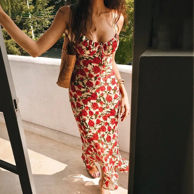 Women Rose Floral Print Spaghetti Strap Midi Dress Drawstring Bust Ruffle Hem Bodycon Summer Dress