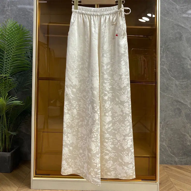 Pantalones palazzo elegantes de cintura alta de satén jacquard de estilo chino