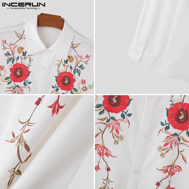 INCERUN Tops 2024 American Style Stylish New Men\'s Flower Print Design Shirts Casual Streetwear Summer Long Sleeved Blouse S-5XL