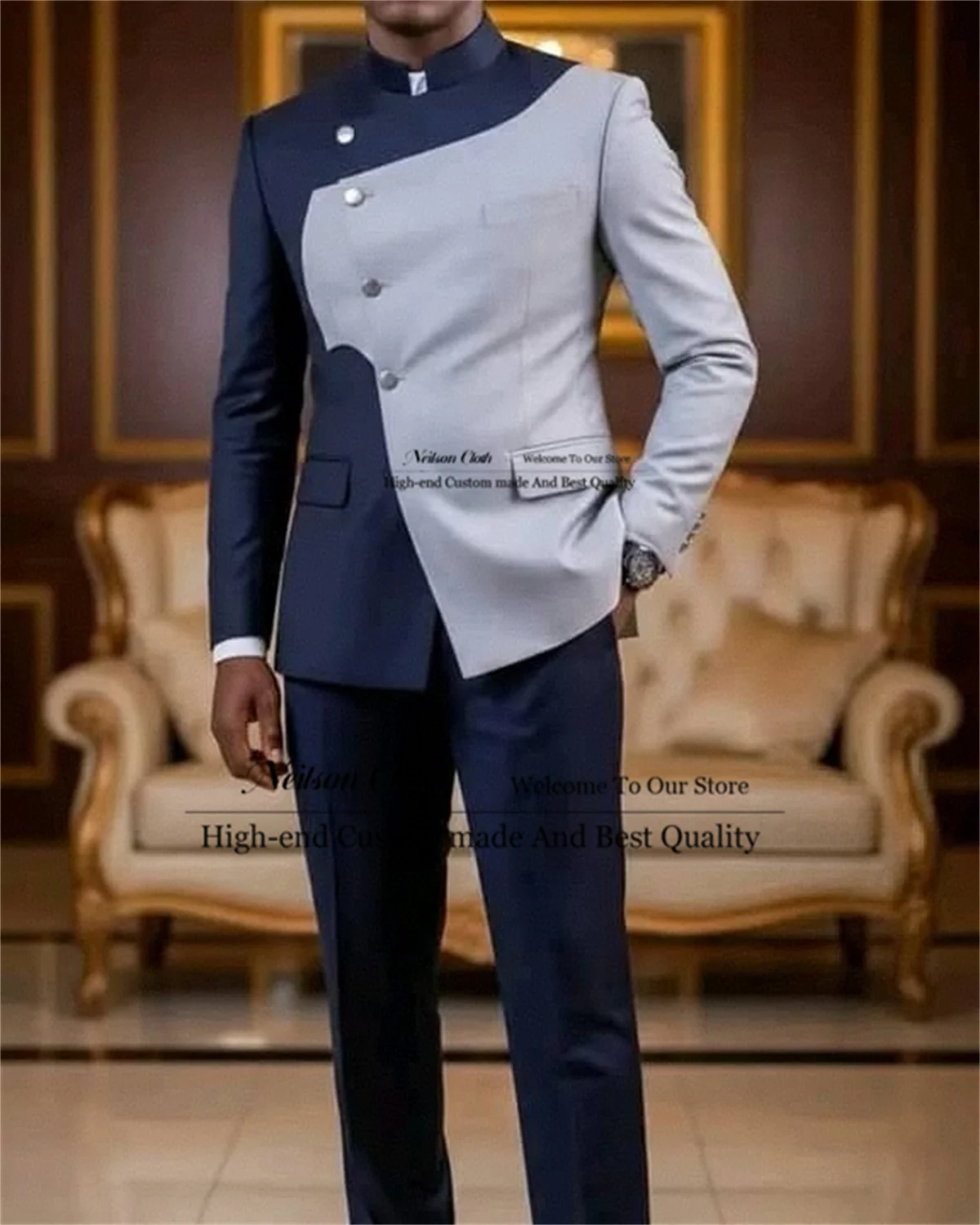 

Navy Blue And Grey Male Prom Blazers 2 Pieces Sets Slim Fit Groom Wedding Tuxedos Stand Collar Customized Terno Masculino