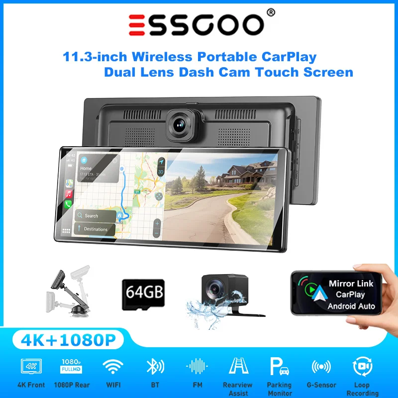 Tragbare ESSGOO 11.3" 4K Ultra HD Anzeige Wireless CarPlay LKW Autoradio Android Auto Doppellinsen-Dashcam-Rekorder 1080p Heckkamera GPS Bluetooth FM Subwoofer Mirror Link Lenkradsteuerung