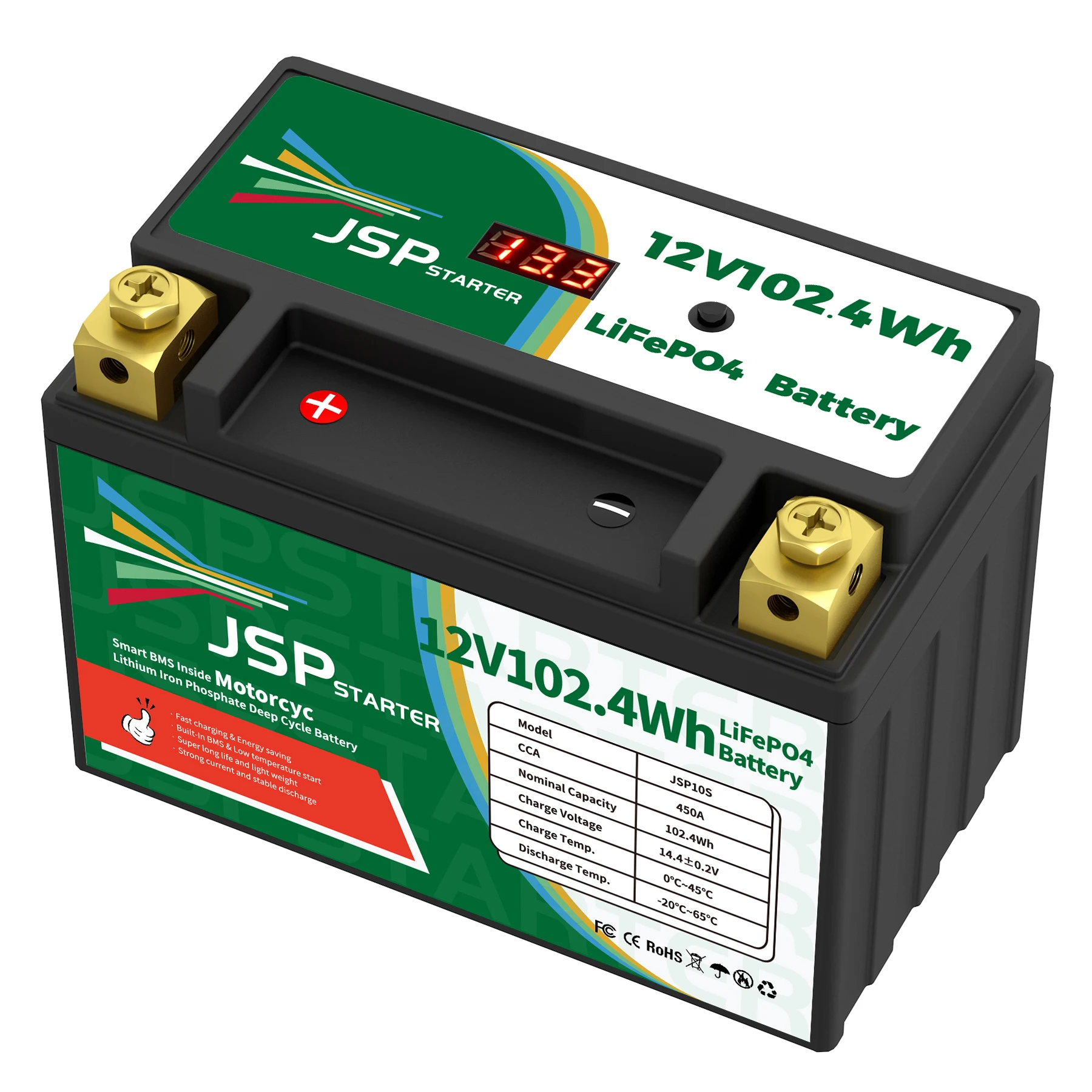 오토바이 시작 배터리, 리튬 다리미 인산염 스쿠터, LiFePO4 배터리, JSP10S, 12.8V, 102.4Wh, CCA450A, BMS, 12.8V, YT10S-BS