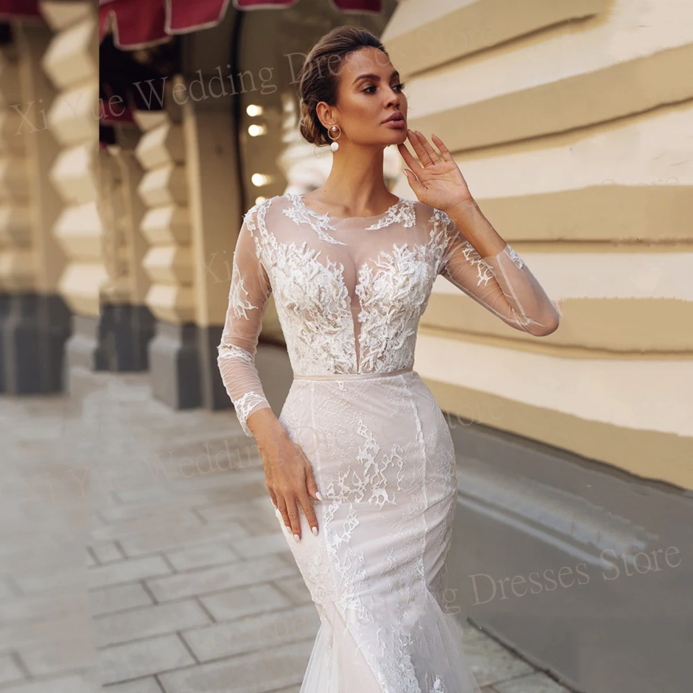 Modesto Sexy sirena abiti da sposa squisiti Tulle pizzo Applique bottone indietro abiti da sposa manica lunga Illusion Vestido De Novia