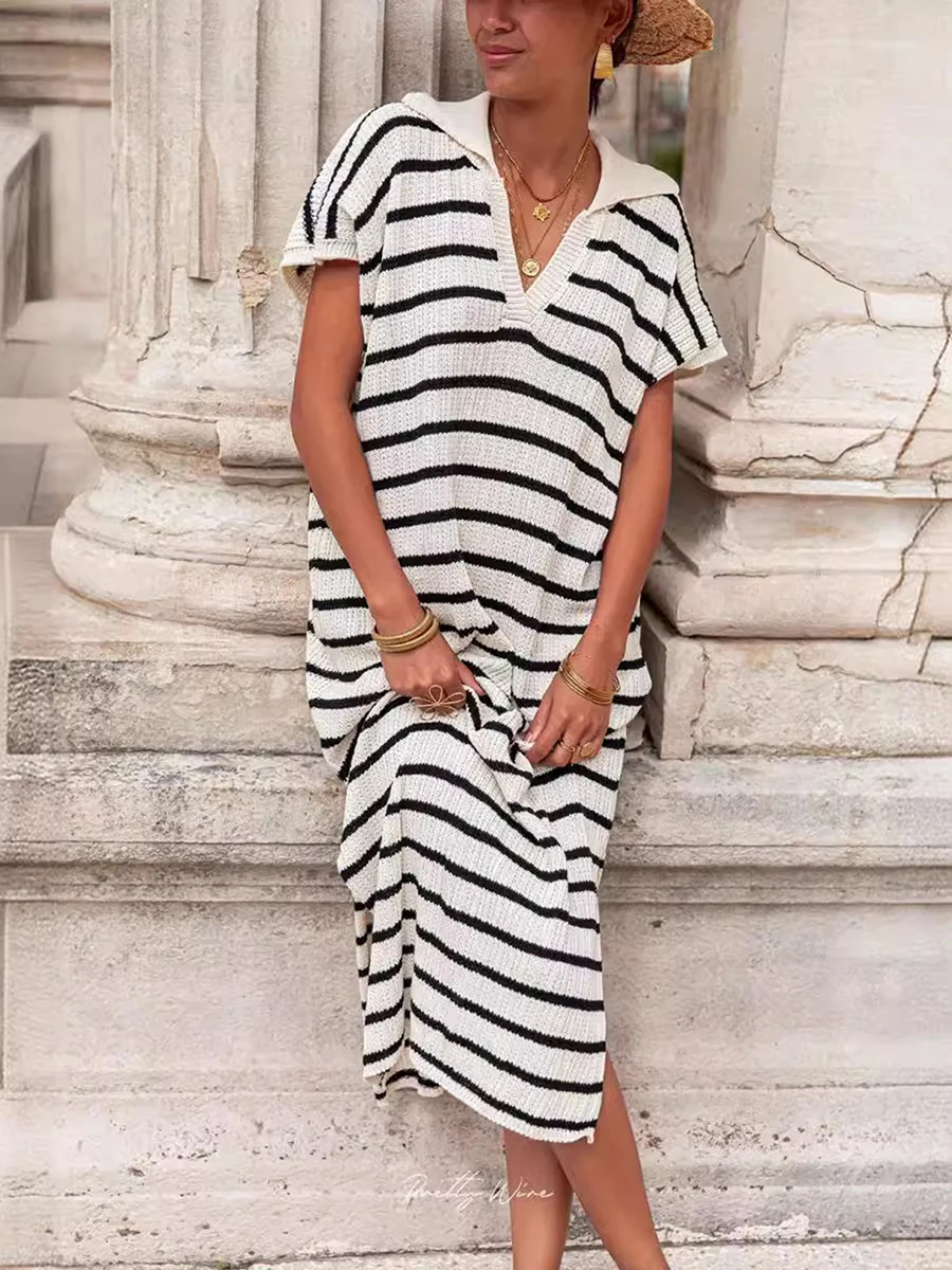 Women'S V-Neck Striped Low Slit Sweater Knitted Midi Dress Short Sleeved Lapel Striped Printed Long Dress For Going Out Dress