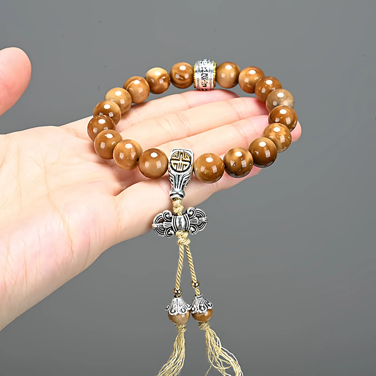 Chinese Style 10mm Kuka Wood Round Beads Bracelet Lucky Prayer Mala Beads For Men Women Good Luck Blessing Wealth Attracting Spi