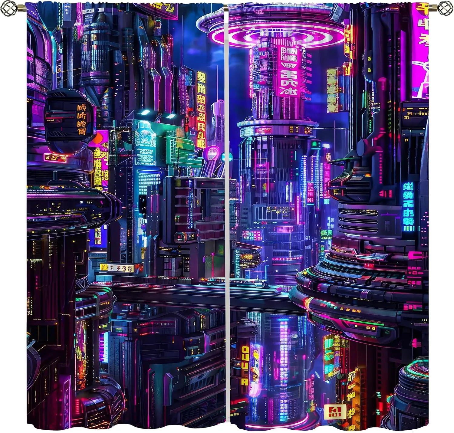 Cortina con Luz de Neón Estilo Cyberpunk, Rascacielos Futurista, Letrero Luminoso Asiático, Filtro de Luz Nocturna para Dormitorio o Sala de Juegos
