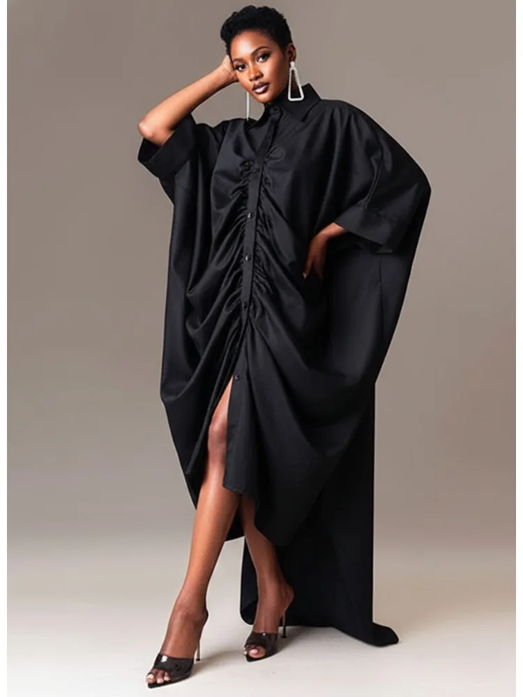 2026 New Solid Color Oversized Pleated Lapel Shirt Dress For Women Long Sleeves Spring Summer Going Out Vacation Maxi Dresses