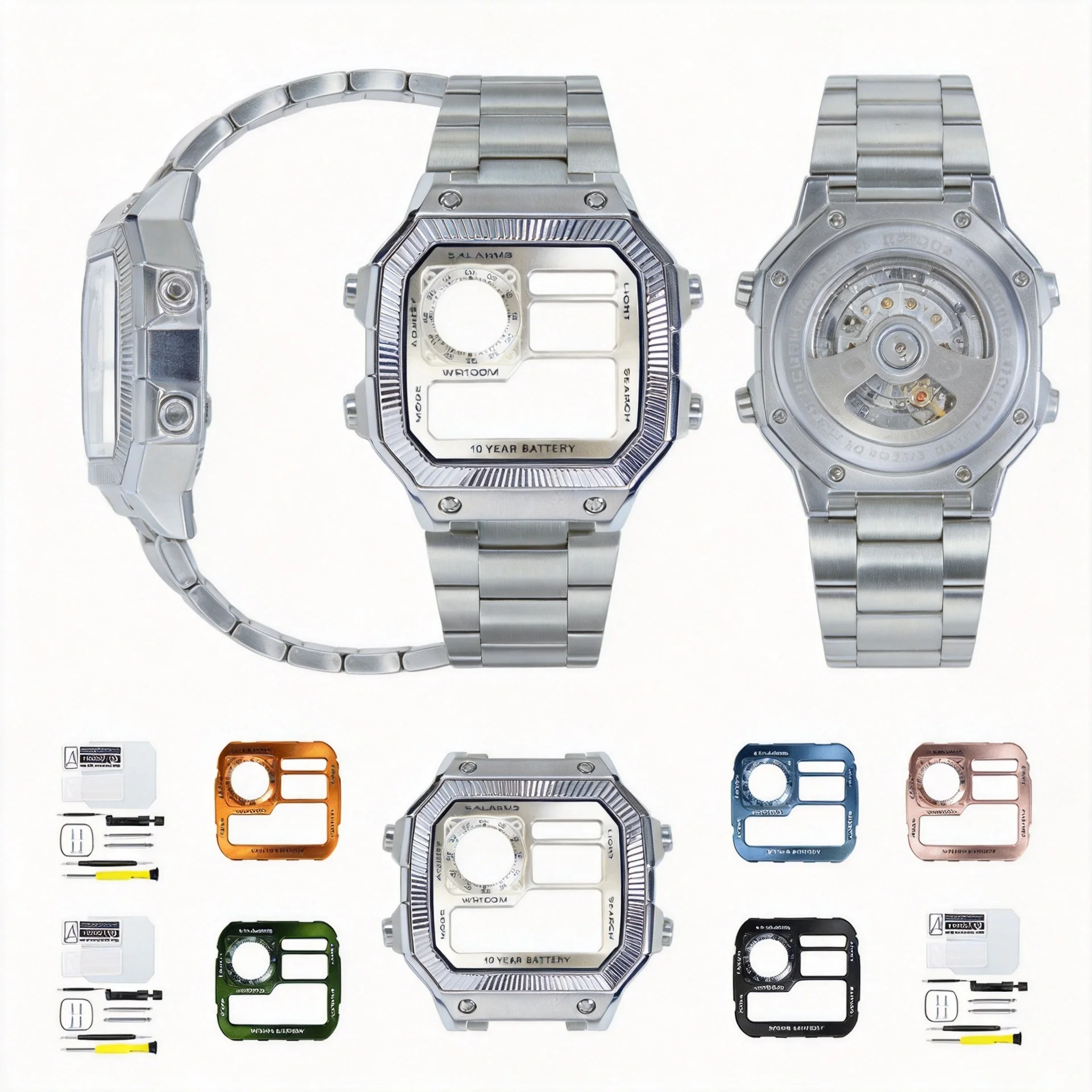 Full Watch Mod Parts Royale Upgrade Series DJ Bezel Silver 316SS Case Housing Metal Dial Plate Compatible With Casio AE1200