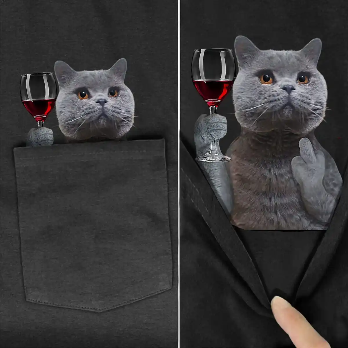 CLOOCL Animals T-Shirt Fashion Brand Chartreux Cat Red Wine Pocket T-Shirt Mens Women Shirts Hip Hop Tops Funny Cotton Tees