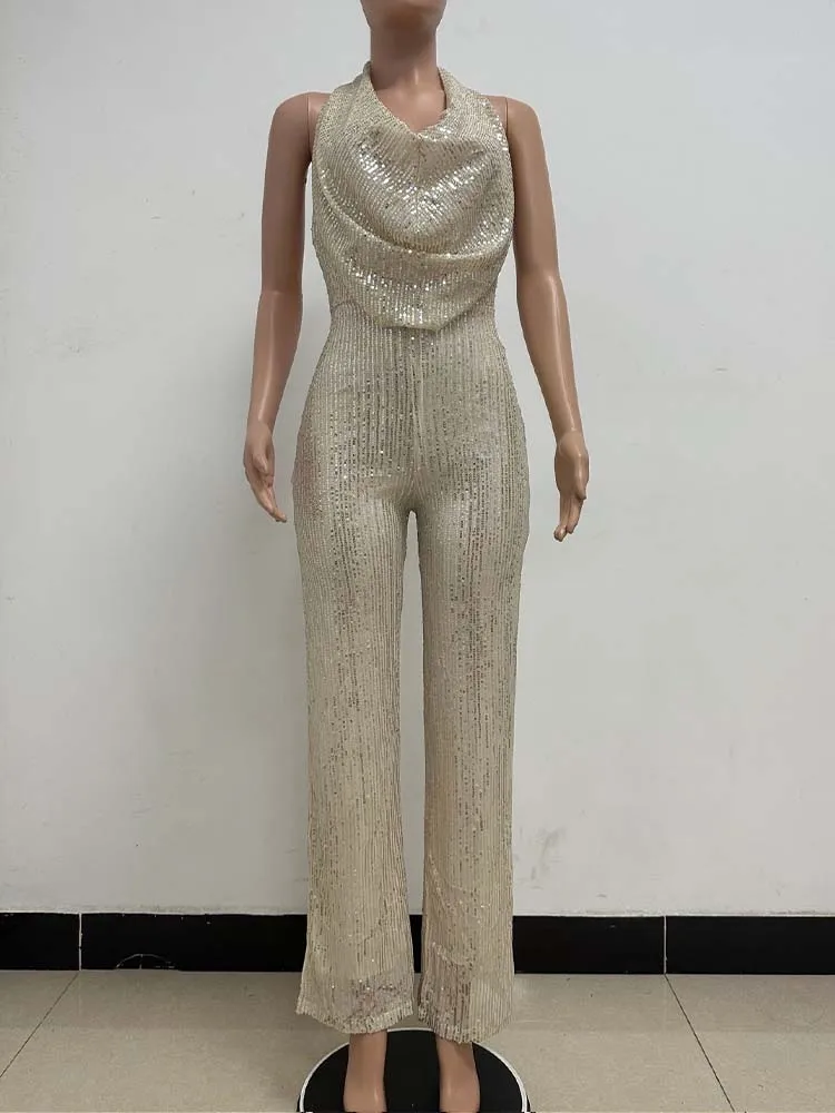 

Сексуальный комбинезон с открытой спиной и блестками на шее, новинка 2025 года, модная женская одежда