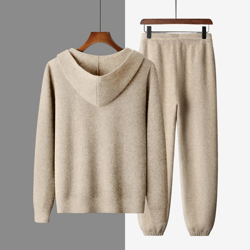 Men 100% Cashmere Knitted Tracksuit 2‑Piece Set Zip Up Hooded Cardigan + Drawstring Elastic Waist Harem Pants Casual Knit Outfit