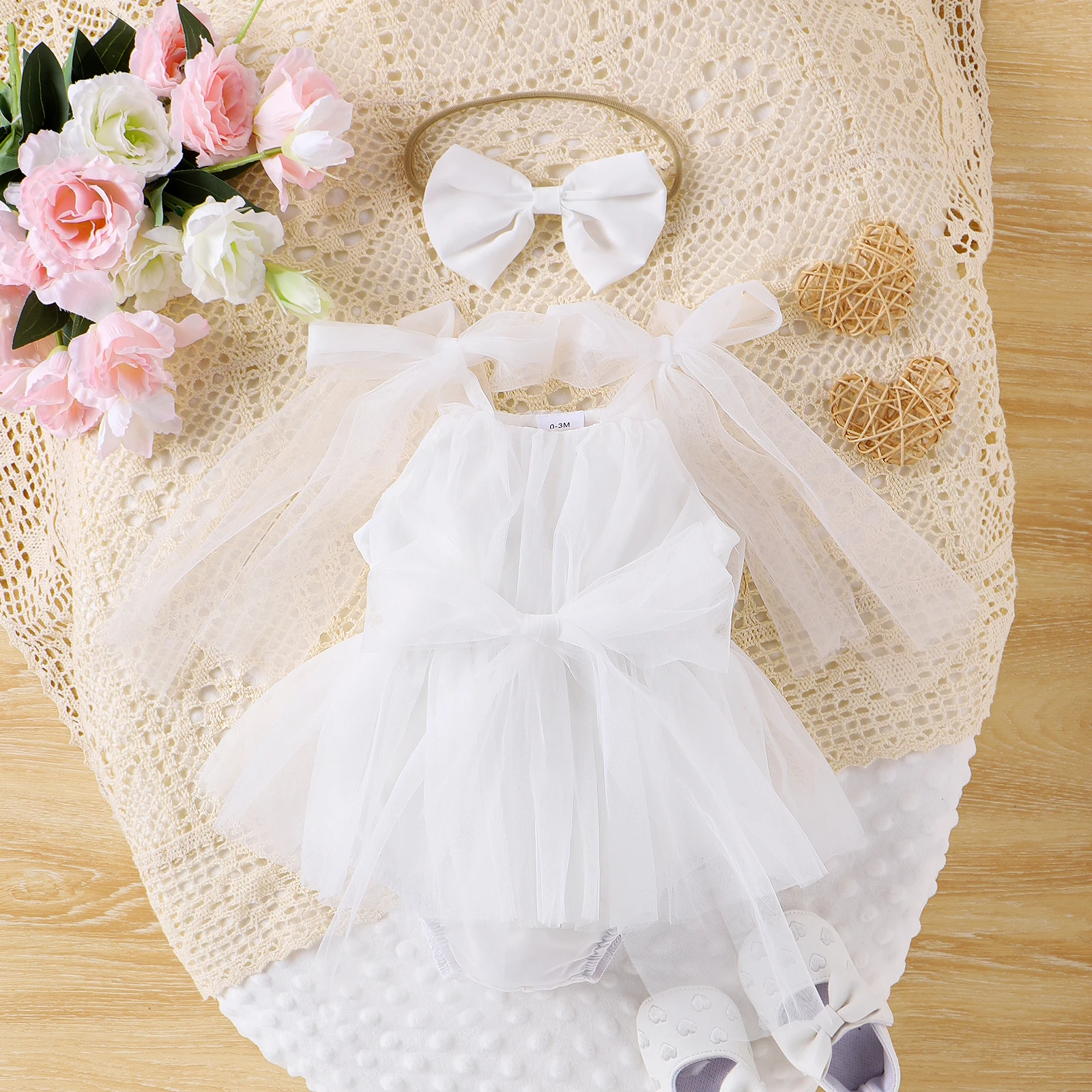 2PCS Summer 0-2 Year Old Baby Girls Soft And Comfortable Fresh And Simple Multi-Colored Lace Skirt Mesh Dress + Headwear