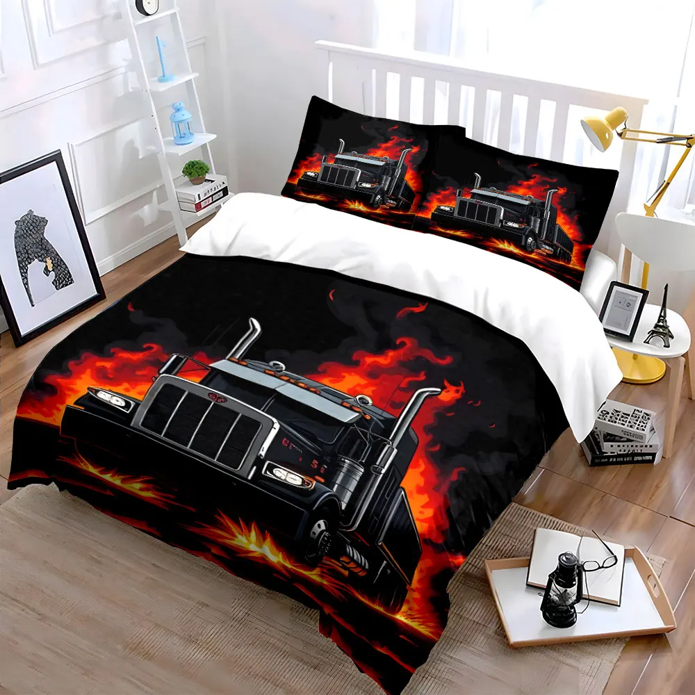 Black truck through fiery terrain Pattern Duvet Cover Set Digital Print Colorful Polyester Bedding with Zipper Closur for gift