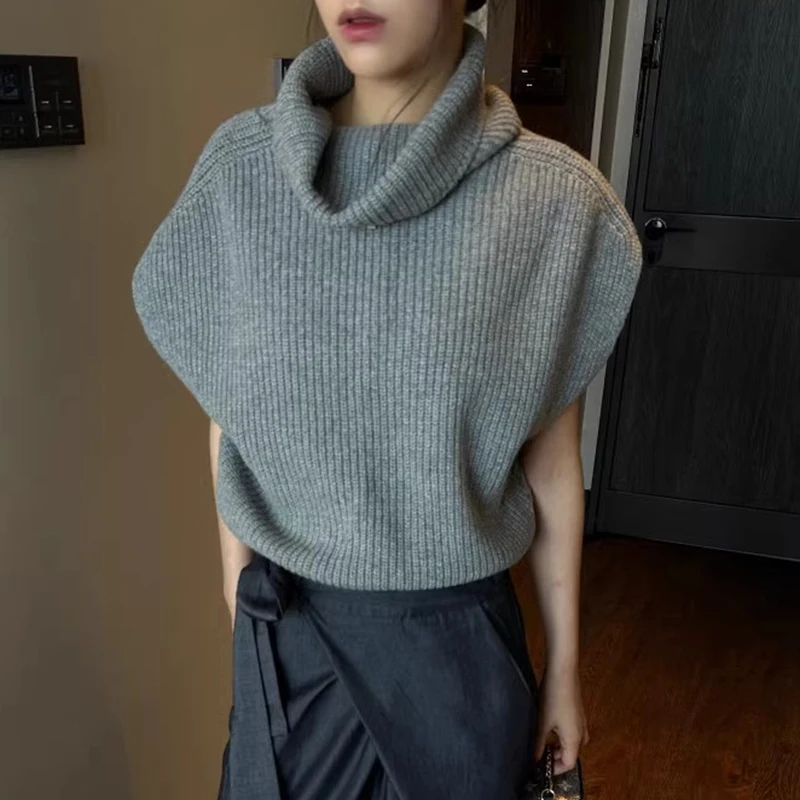Chic Autumn High Collar Loose Women's Knitted Sweater Pure Color Svel Vest Faionable Comfortable Soft Texture