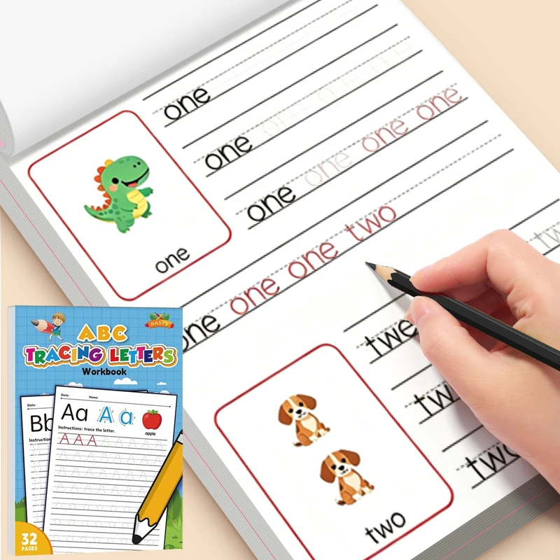 Libro de aprendizaje del alfabeto A-Z para niños de 32 páginas, cuaderno de práctica de trazado, práctica de letras mayúsculas y minúsculas, entrenamiento de control del lápiz para niños en edad preescolar, con diseño de bloques de color, un juego de mesa