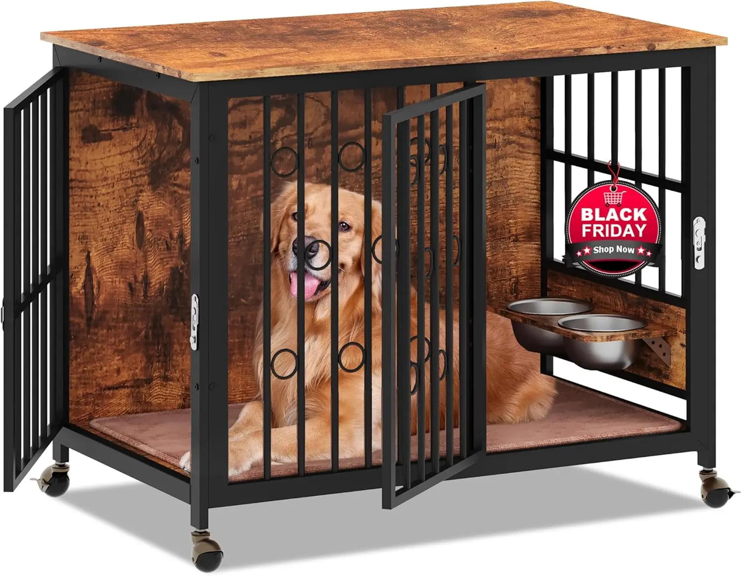 

37.4'' Dog Crate Furniture, Wooden Dog Kennel End Table with Cushion, Rolling Caster, and 2 Bowls, Heavy Duty Dog Crate TV Stand