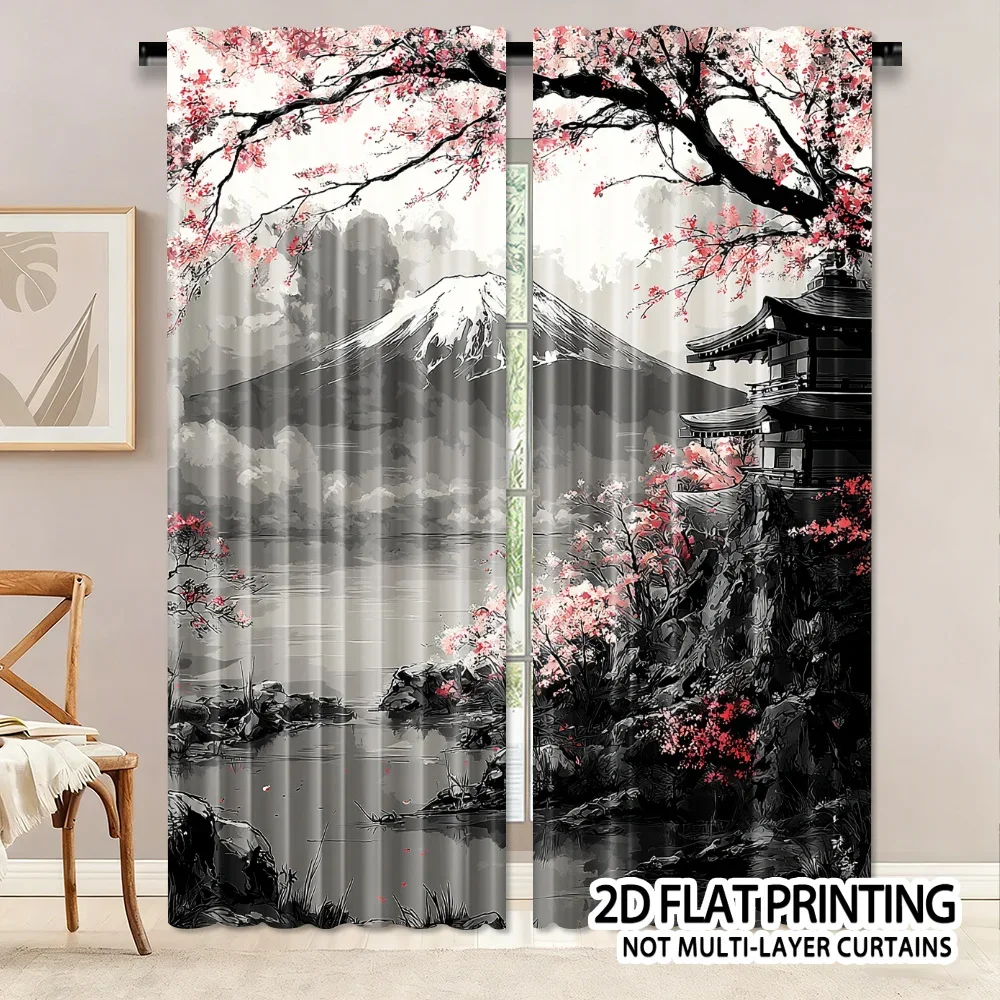 

Cherry Blossoms and Mount Fuji Print Drapes Room Darkening Window Curtains for Home Decor,Rod Pocket Blackout Curtains Bedroom