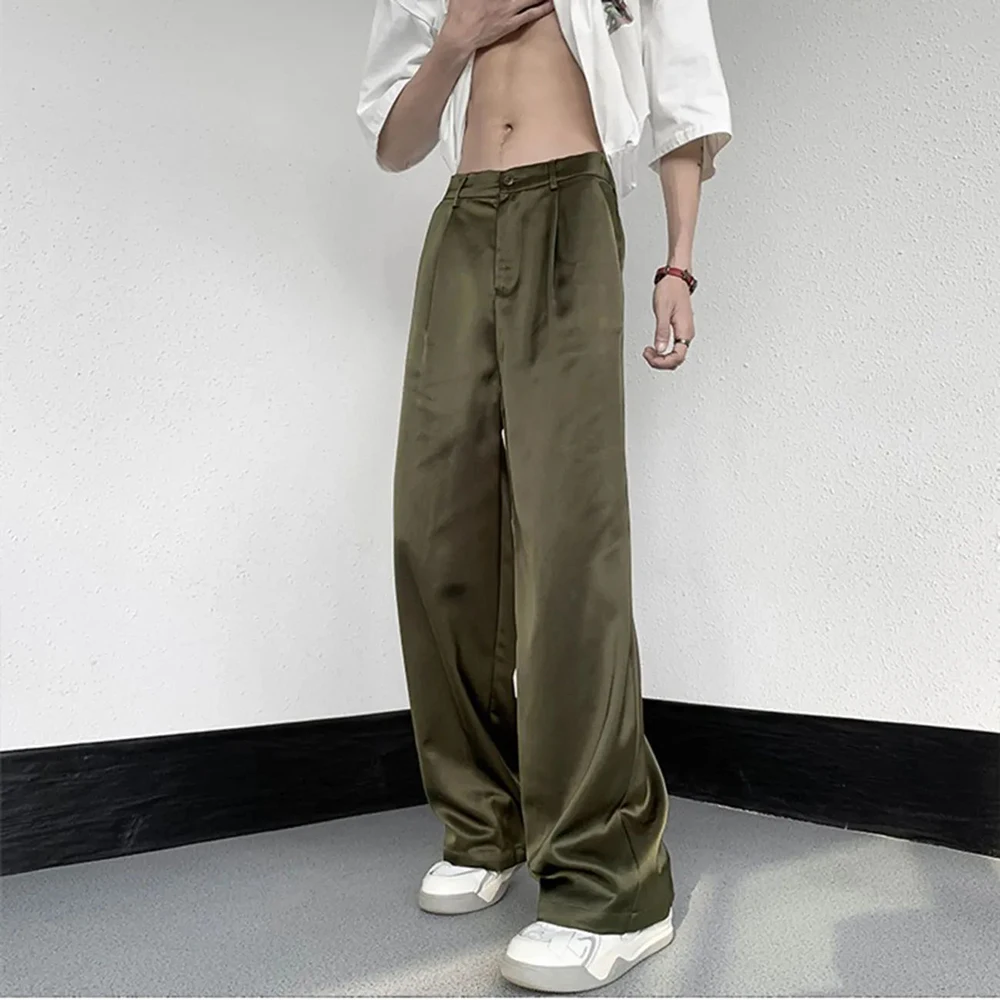 Fashion Suit Pants Men Solid Dress Pants Korean Loose Straight Ice Silk Casual Pants Unisex Ormal Satin Glossy Wide-Leg Trousers