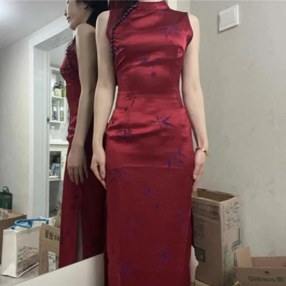 8057 Beiping Past Story Cheongsam, новое летнее длинное платье с высоким воротником и бисером, утягивающее талию, с разрезом