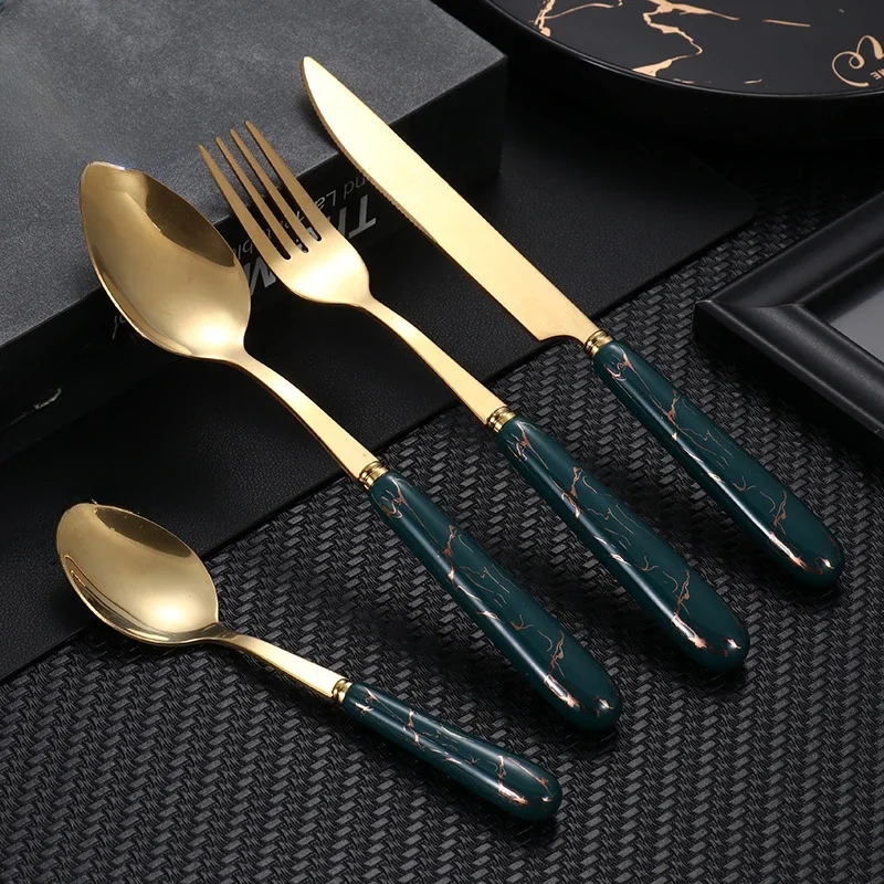 Ceramic Handle Tableware Stainless Steel Cutlery Set Golden Storage Rack Spoons 24-piece Gift Box Set Table Forks Spoon Complete