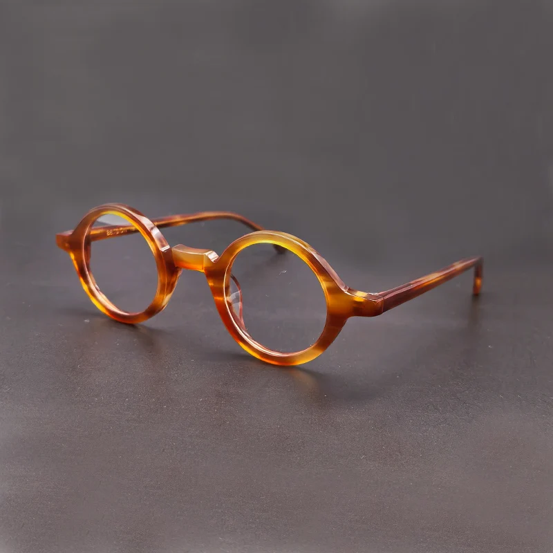 Vintage round acetate fiber eyeglass frame for men and women, 38mm diameter translucent yellow tortoiseshell colored glasses