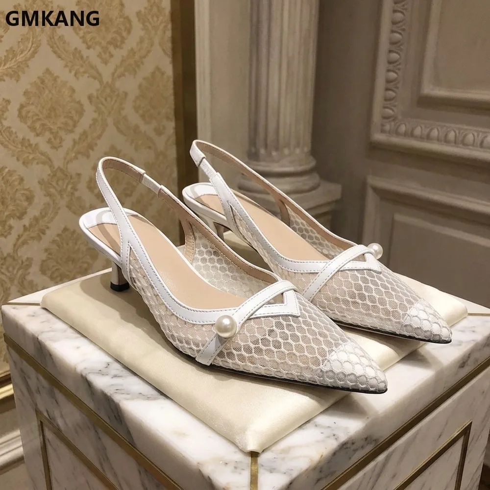 Women’s Mesh Pointed Toe Platform Slip On Sandals Pearl Studded Chunky Heel Summer Dressy Casual Shoes Comfortable