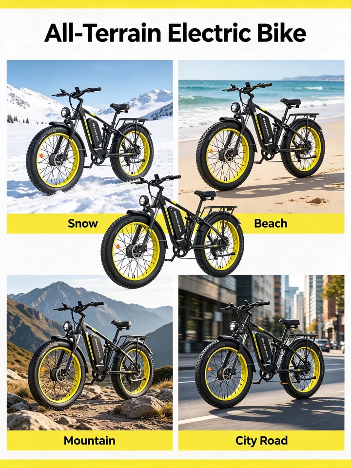 COASTA CT8 Yellow 26"×4.0 Fat Tire Electric Bike Dual Motor Full Suspension E‑Bicycle 3000W Peak 60V Removable Battery Hydraulic Disc Brake Shimano 7‑Speed LCD Display LED Headlight Max Load 150KG For Snow Beach Mountain Off‑Road Riding image 8