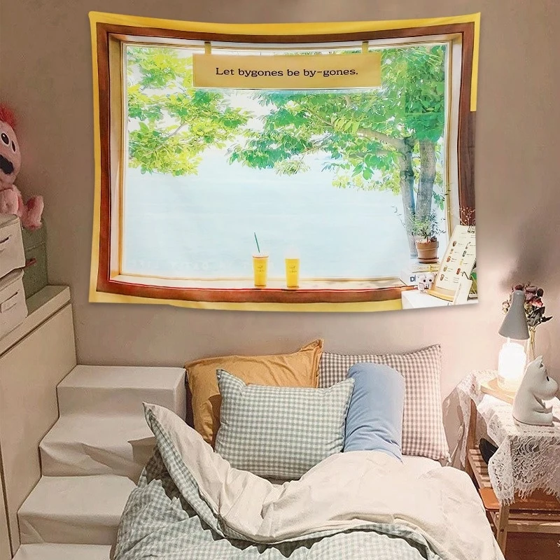 VIKAMA Wandteppich mit künstlicher Fensteransicht und inspirierendem Zitat, Wandbehang mit Naturlandschaft für Schlafzimmer- und Wohnzimmerdekoration
