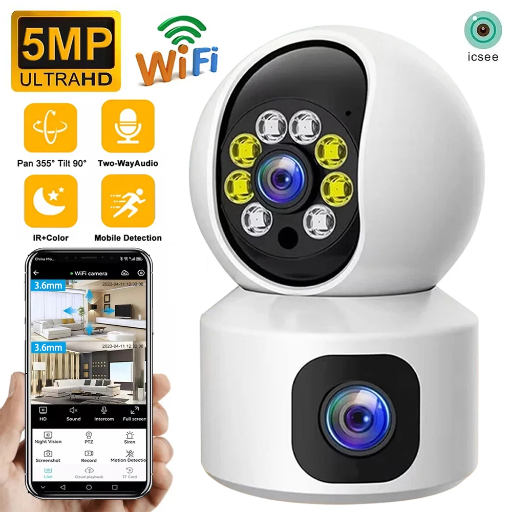 

5MP WiFi Camera Dual Lens Dual Screen Home Security IP Camera PTZ Auto Tracking Night Vision CCTV Video Surveillance Camcorder