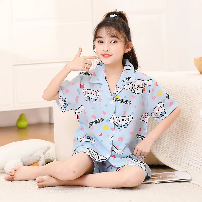 

2024 Summer Children's Pajamas Sets Girl Boy Cardigan Short Sleeve Pijama Cute Anime Cinnamoroll Kuromi My Melody Kids Sleepwear