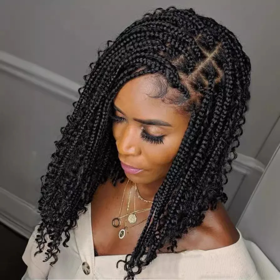 Peluca trenzada corta de 14 pulgadas con caja de trenzas gratis, pelucas Bob trenzadas para mujer, trenzas sintéticas de diosa Cornrow, peluca de pelo rizado, Cosplay