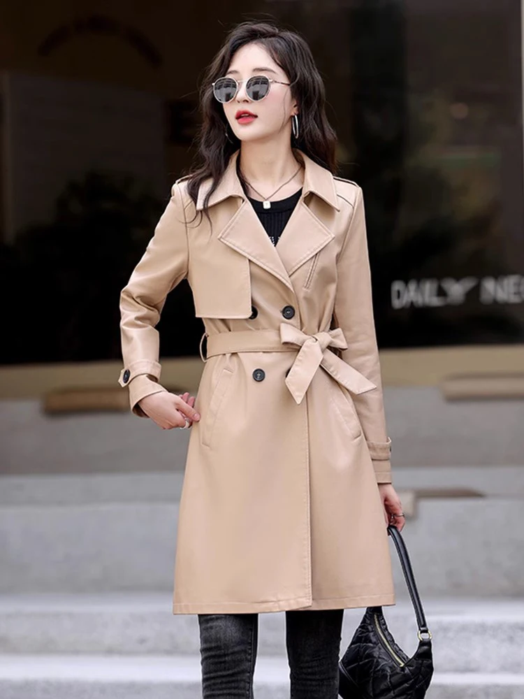 Nouveau Femmes Manteau en cuir décontracté Printemps Automne Mode Col de costume Double boutonnage À Lacets Mince Trench-coat Cuir fendu Manteau coupe-vent long