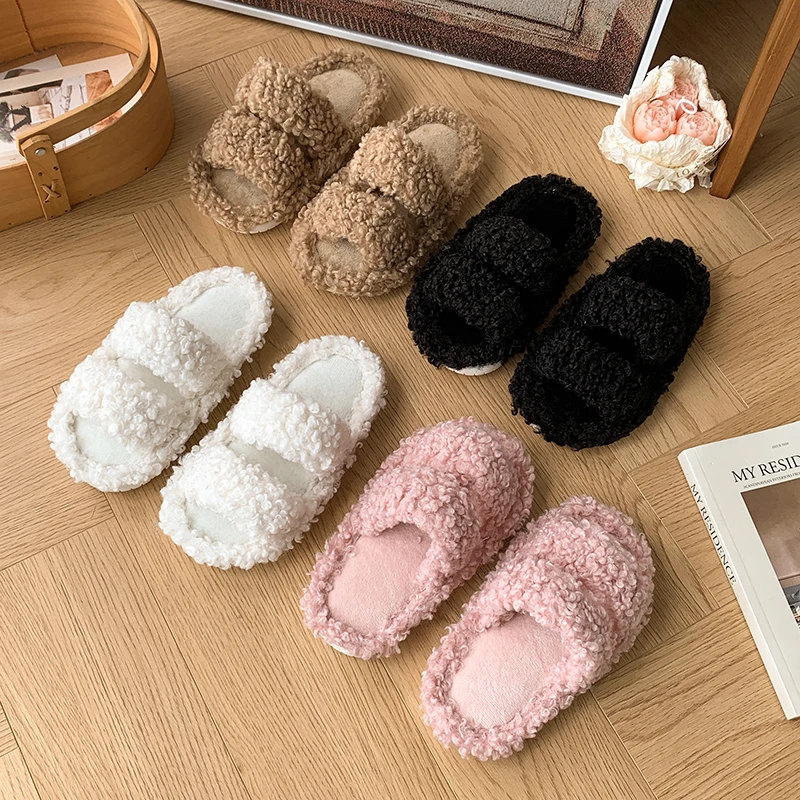

Children Home Fluffy Slippers Plush Girls Winter Casual Platform Indoor Slides Flats Warm Open Toe Teddy Furry Slippers Kids