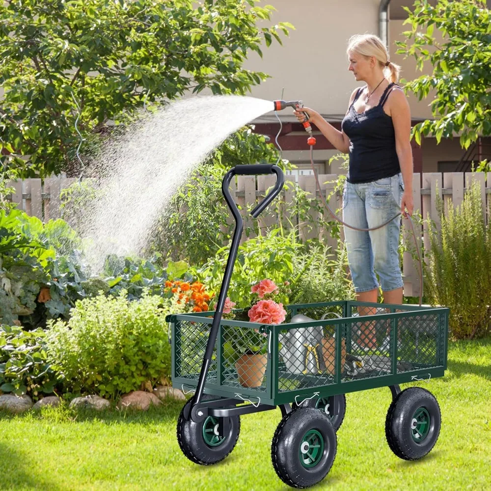 Steel Garden Cart, Heavy Duty 700 lbs Capacity, Utility Metal Wagon with 180° Rotating Handle and 10