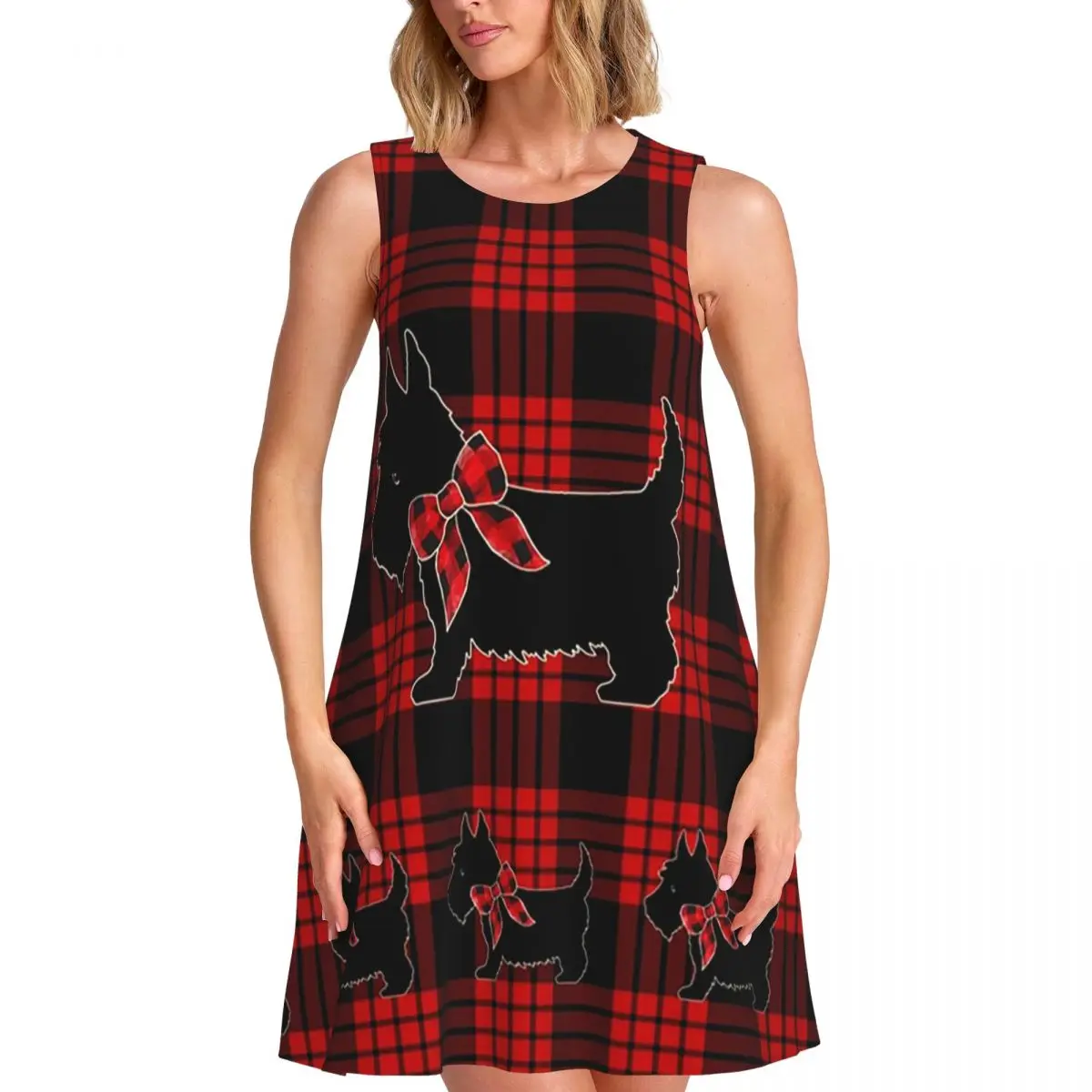 

Black Scottie Dog Plaid Tartan Scottish Terrier Lover Summer Women Short Sleeve Dress Sleeveless Round Neck Loose Dresses