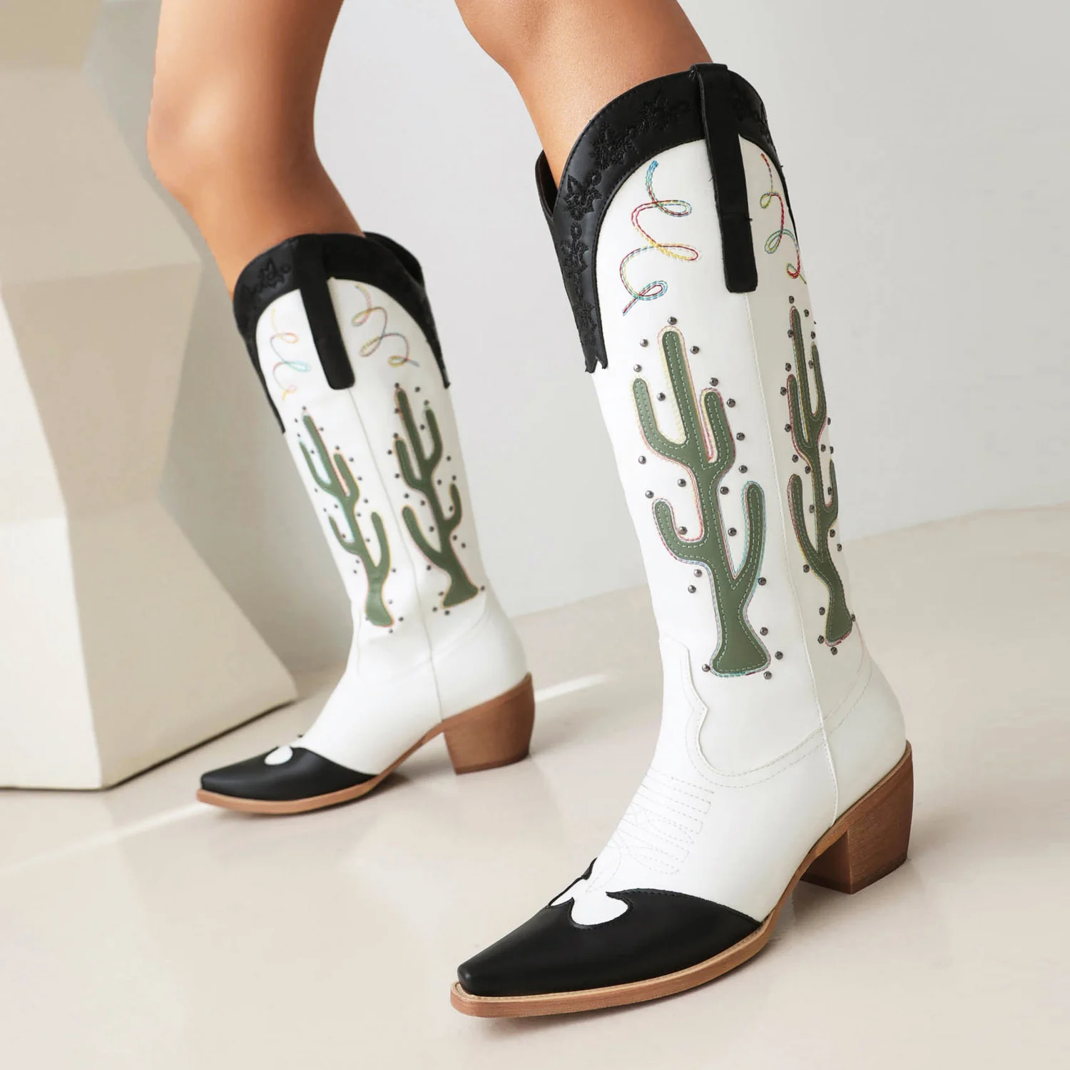 2024 Cactus Embroidered Patent Leather Patchwork PU Color Matching Knight Boots Pointed Wood Grain Thick Heel Rivet Knee Boots