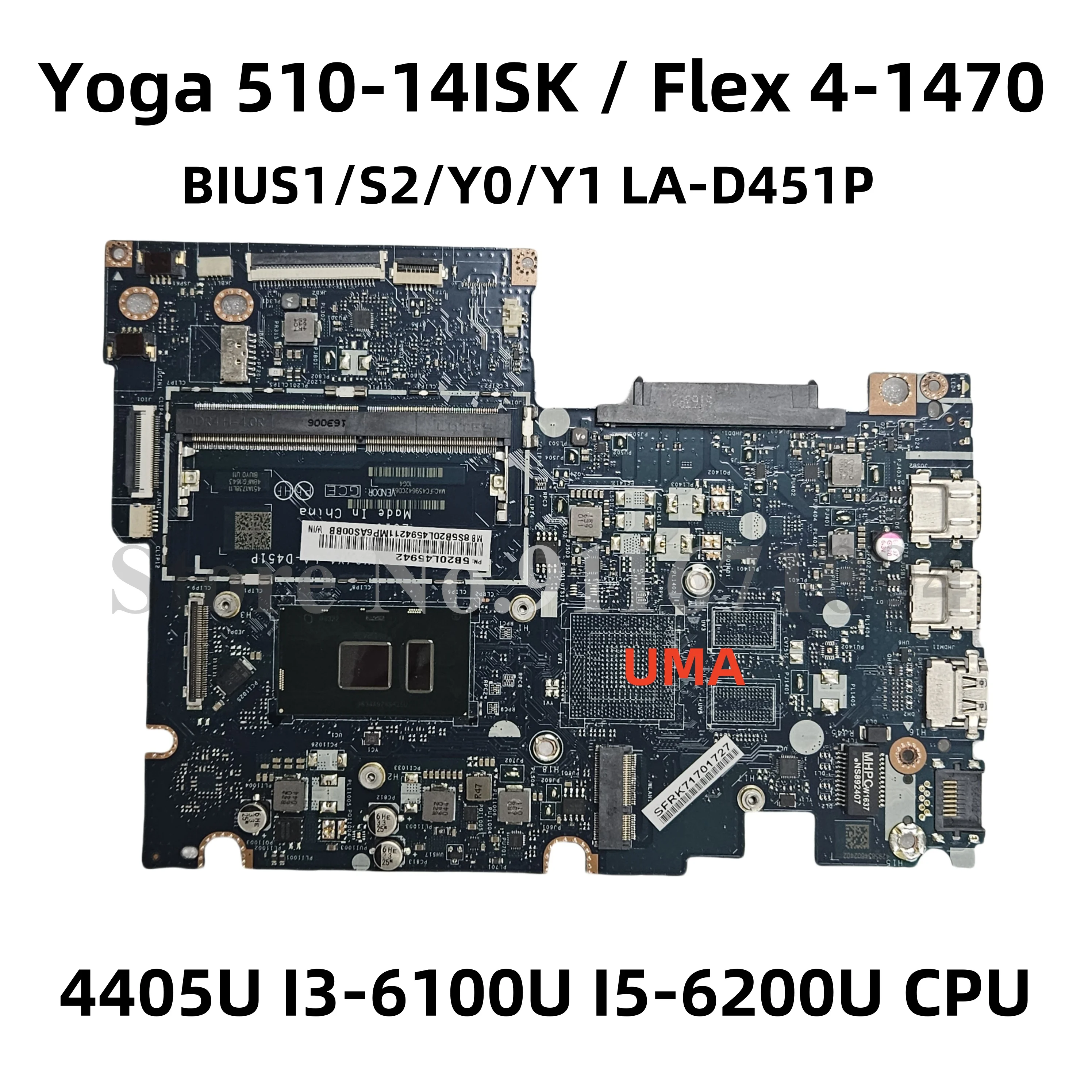 BIUS1/S2/Y0/Y1 LA-D451P For Lenovo Ideapad Yoga 510-14ISK Flex 4-1470 Laptop Motherboard With 4405U I3-6100U I5-6200U CPU