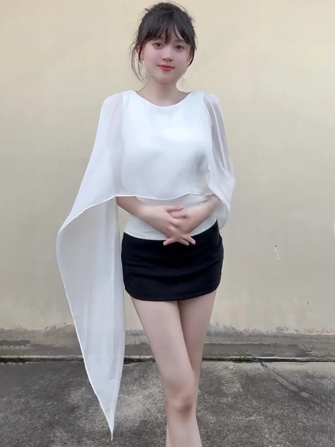 White Mesh Cloak Shoulder T-Shirt Women's Summer Design Pure Desire Slim Fit Short Sleeve Top Korean Style Commute Wind